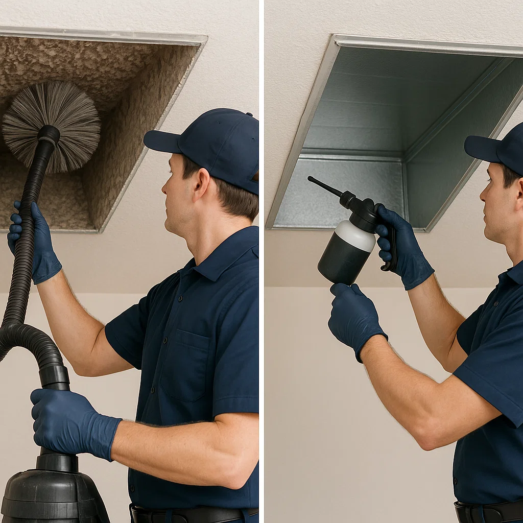 Santa Fe TX air duct technician removing allergens to improve breathing comfort and indoor air quality